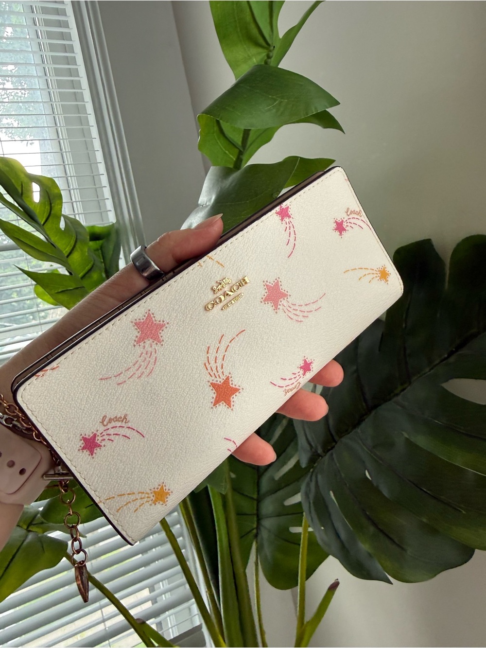 Coach White Star-Print Continental Wallet with Pink & Orange Accents
